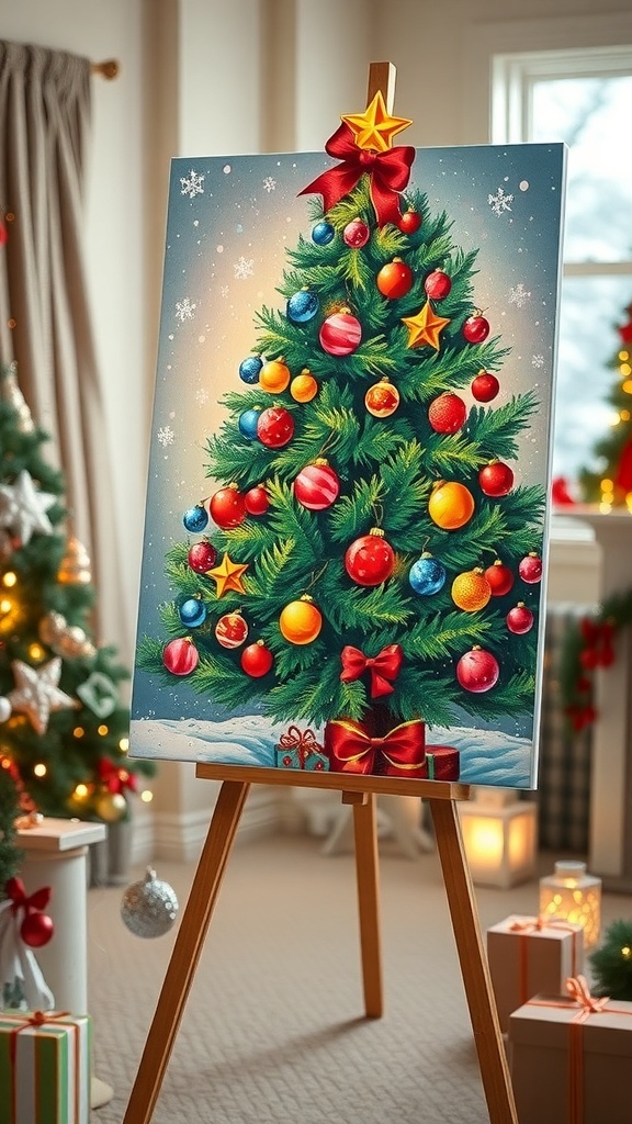 A Christmas canvas art featuring a decorated tree and snowy background, displayed on an easel.